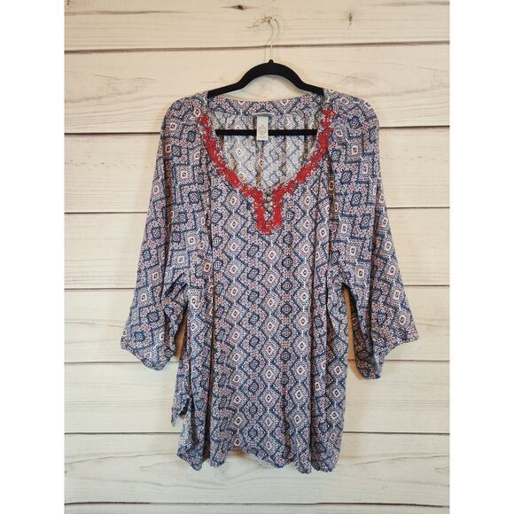 Catherines Tops - Catherines Women's‎ Multicolor Boho Embroidered Detail 3/4 Sleeve Blouse Size 2X